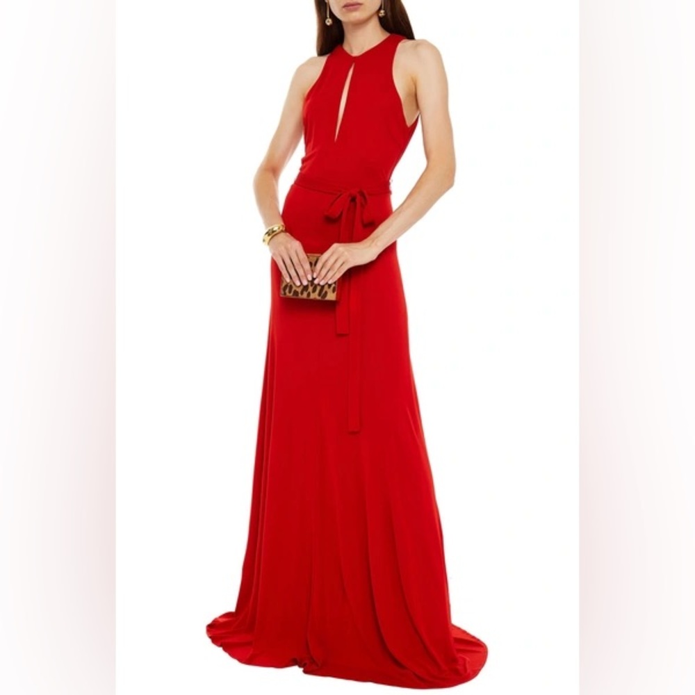HALSTON RED SLEEVELESS OPEN-BACK MATTE JERSEY GOWN SIZE 16
